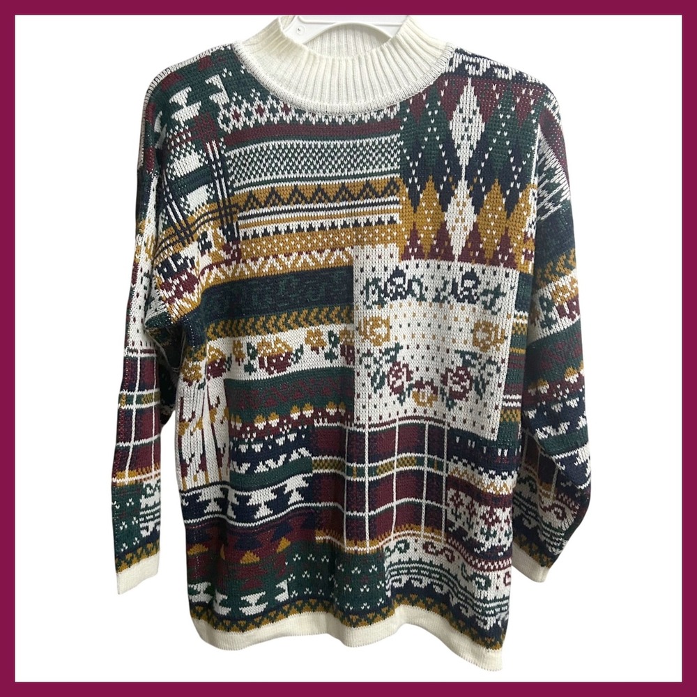 Vintage Maggie Lawrence Patchwork Knit Sweater Mock Neck Long Sleeve Women Sz. S